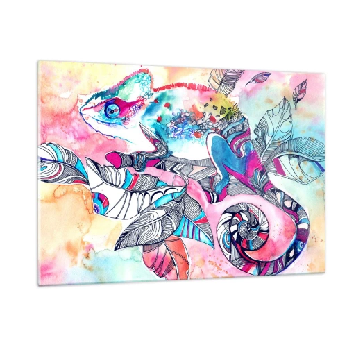 Cuadro sobre vidrio - Impresiones sobre Vidrio - Camaleón colorido entre hojas en estilo acuarela. - 120x80cm - Colorido como nuestro mundo - Decoración de pared moderna para salón y dormitorio ARTTOR