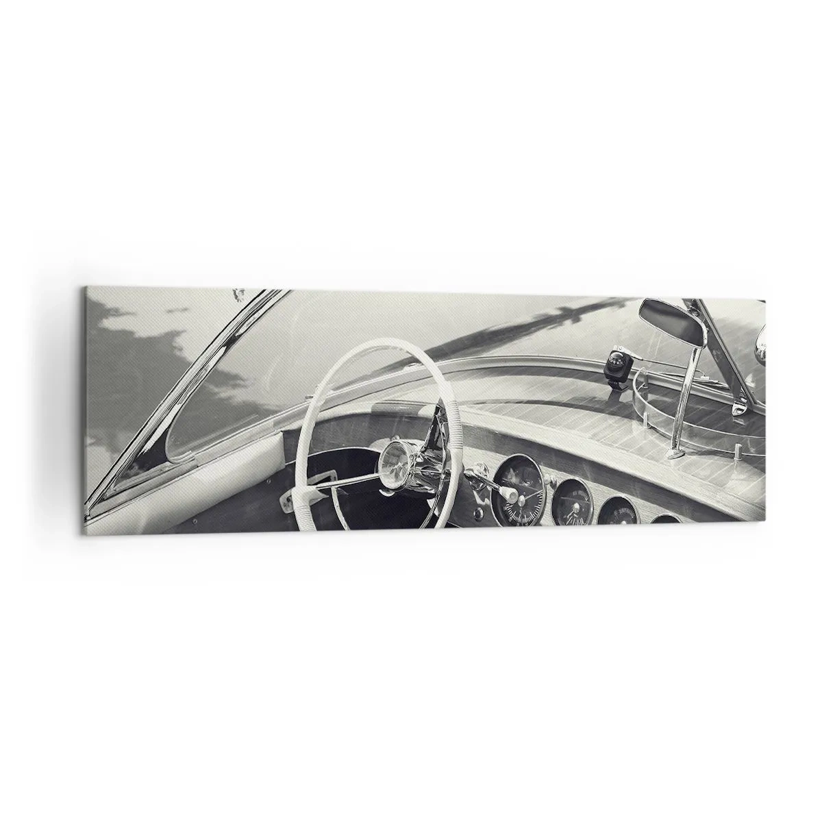 Cuadro sobre lienzo - Impresión de Imagen - Interior de coche clásico en estilo monocromático. - 160x50cm - Tiempo para los ricos - Decoración de pared moderna para salón y dormitorio ARTTOR