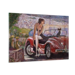 Cuadro sobre vidrio - Impresiones sobre Vidrio - Una mujer y un perro junto a un coche rojo con un paisaje al fondo. - 100x70cm - Paseo veraniego - Decoración de pared moderna para salón y dormitorio ARTTOR