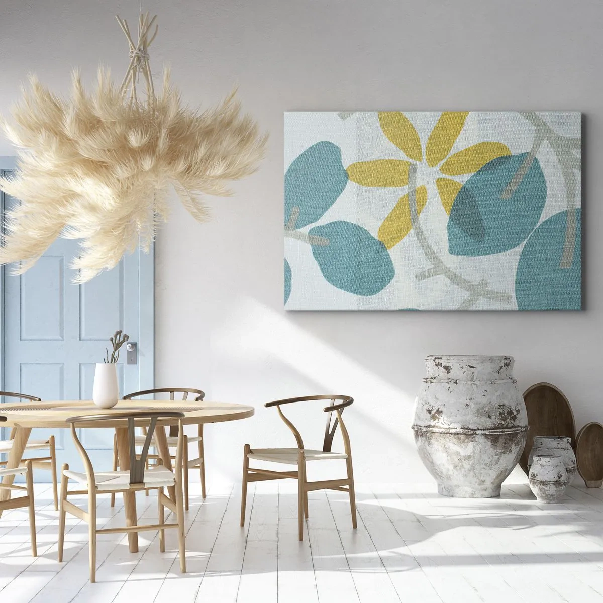 Cuadro sobre lienzo - Impresión de Imagen - Hojas en tonos turquesa y amarillo sobre un fondo claro. - 70x50cm - Entre hojas azules - Decoración de pared moderna para salón y dormitorio ARTTOR