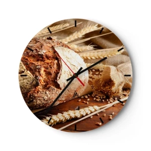 Reloj de pared - Reloj de vidrio - Pan sobre una mesa de madera con espigas de trigo y granos. - 30x30cm - Apetitoso, fragante, crujiente - Decoración de pared moderna para salón, cocina y dormitorio ARTTOR