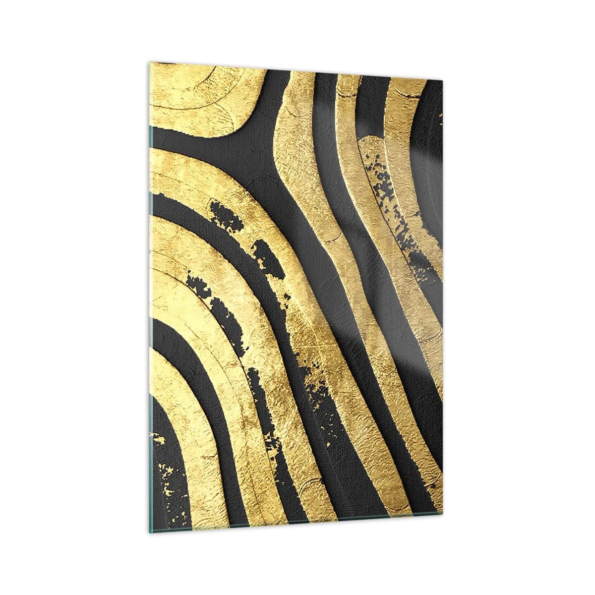 Cuadro sobre vidrio - Impresiones sobre Vidrio - Líneas abstractas doradas sobre un fondo negro en un estilo glamoroso. - 50x70cm - Todo fluye - Decoración de pared moderna para salón y dormitorio ARTTOR