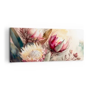 Cuadro sobre lienzo - Impresión de Imagen - Flores de protea en delicados tonos pastel. - 120x50cm - De perfil y de frente - Decoración de pared moderna para salón y dormitorio ARTTOR
