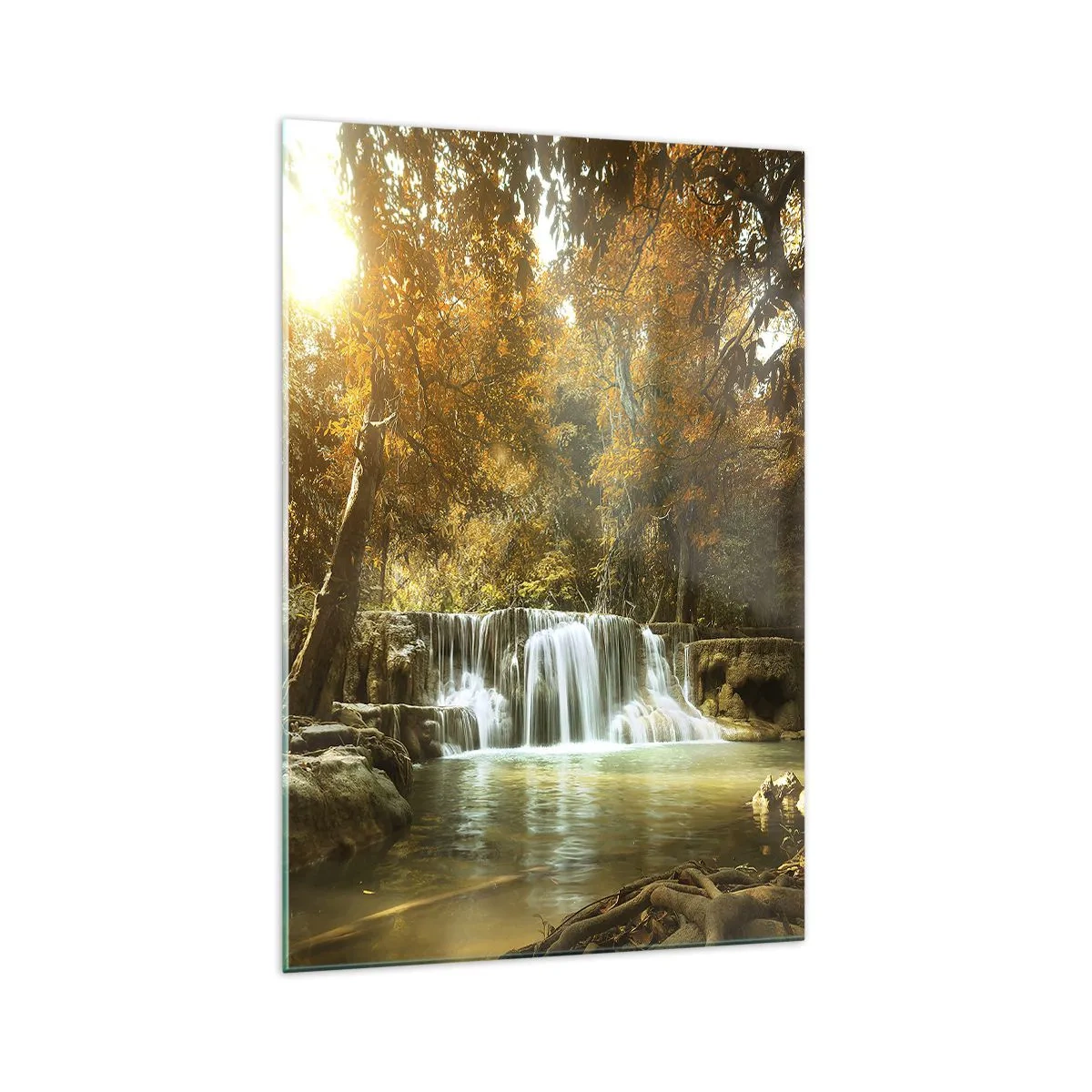 Cuadro sobre vidrio - Impresiones sobre Vidrio - Paisaje otoñal con cascada - 70x100cm - Una cascada en el parque - Decoración de pared moderna para salón y dormitorio ARTTOR