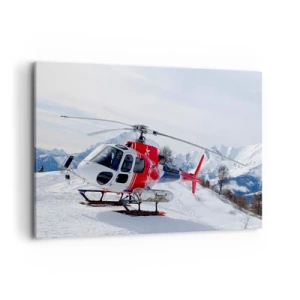 Cuadro sobre lienzo - Impresión de Imagen - Un helicóptero rojo contra un paisaje de montaña nevada. - 120x80cm - Siempre listo - Decoración de pared moderna para salón y dormitorio ARTTOR