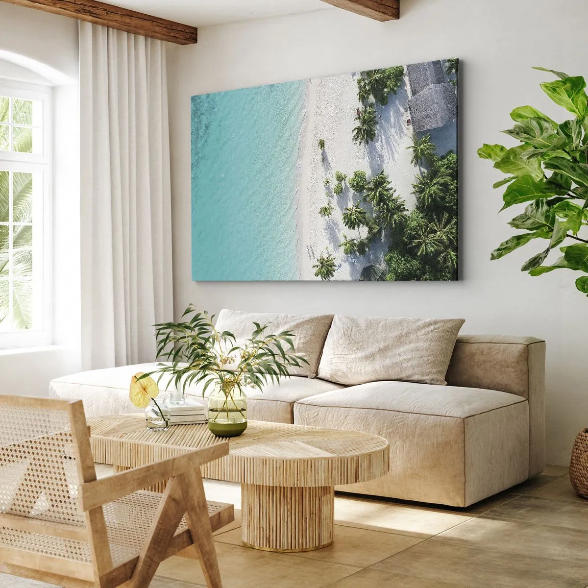 Cuadro sobre lienzo - Impresión de Imagen - Una vista de pájaro de una playa tropical con agua turquesa y palmeras. - 70x50cm - Vacaciones en el paraíso - Decoración de pared moderna para salón y dormitorio ARTTOR