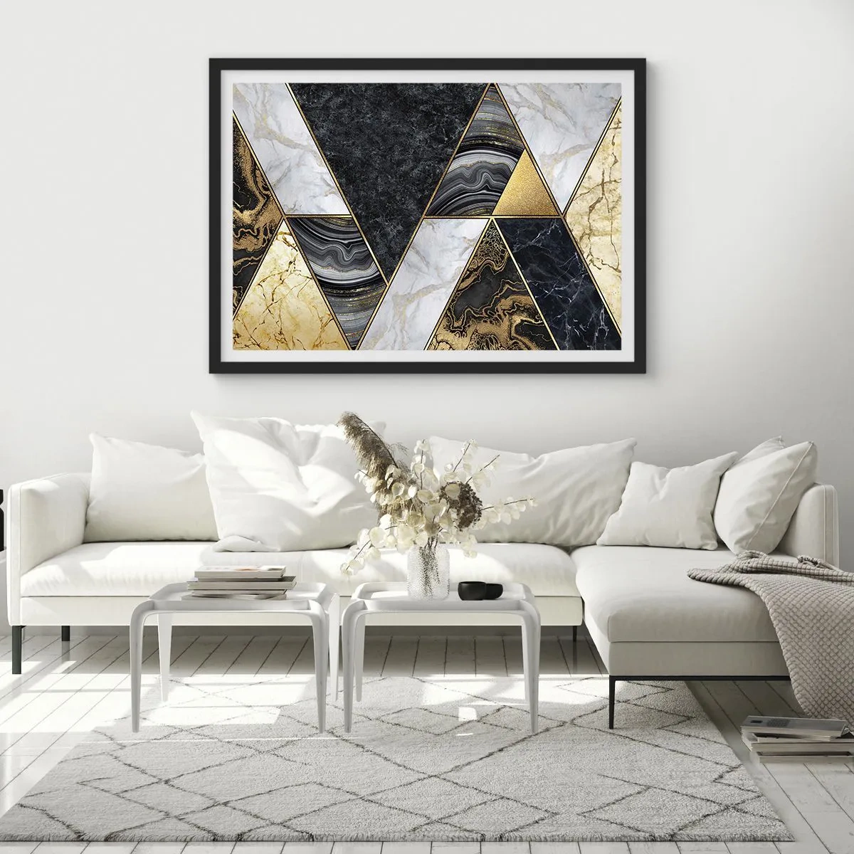 Póster en marco negro - Triángulos geométricos en dorado, mármol y tonos oscuros. - 100x70cm - Collage de piedras - Decoración de pared moderna para salón y dormitorio ARTTOR