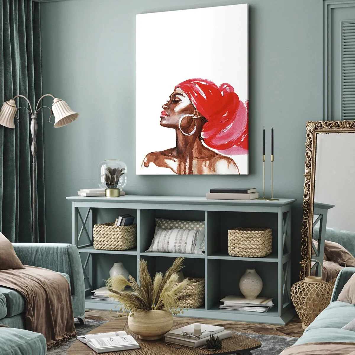 Cuadro sobre lienzo - Impresión de Imagen - Perfil de una mujer con turbante rojo y pendientes - 50x70cm - Aroma que te hace sentir - Decoración de pared moderna para salón y dormitorio ARTTOR