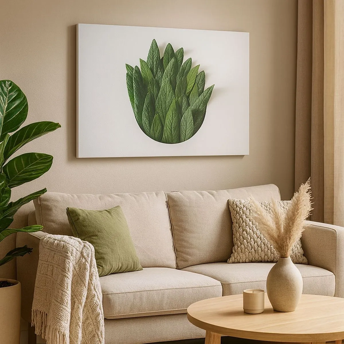 Cuadro sobre lienzo - Impresión de Imagen - Una composición de hojas verdes sobre un fondo claro. - 70x50cm - Curiosidad desenfrenada - Decoración de pared moderna para salón y dormitorio ARTTOR