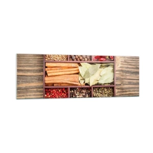 Cuadro sobre vidrio - Impresiones sobre Vidrio - Caja de madera con varias especias en compartimentos. - 160x50cm - Orden de formas, composición de aromas - Decoración de pared moderna para salón y dormitorio ARTTOR