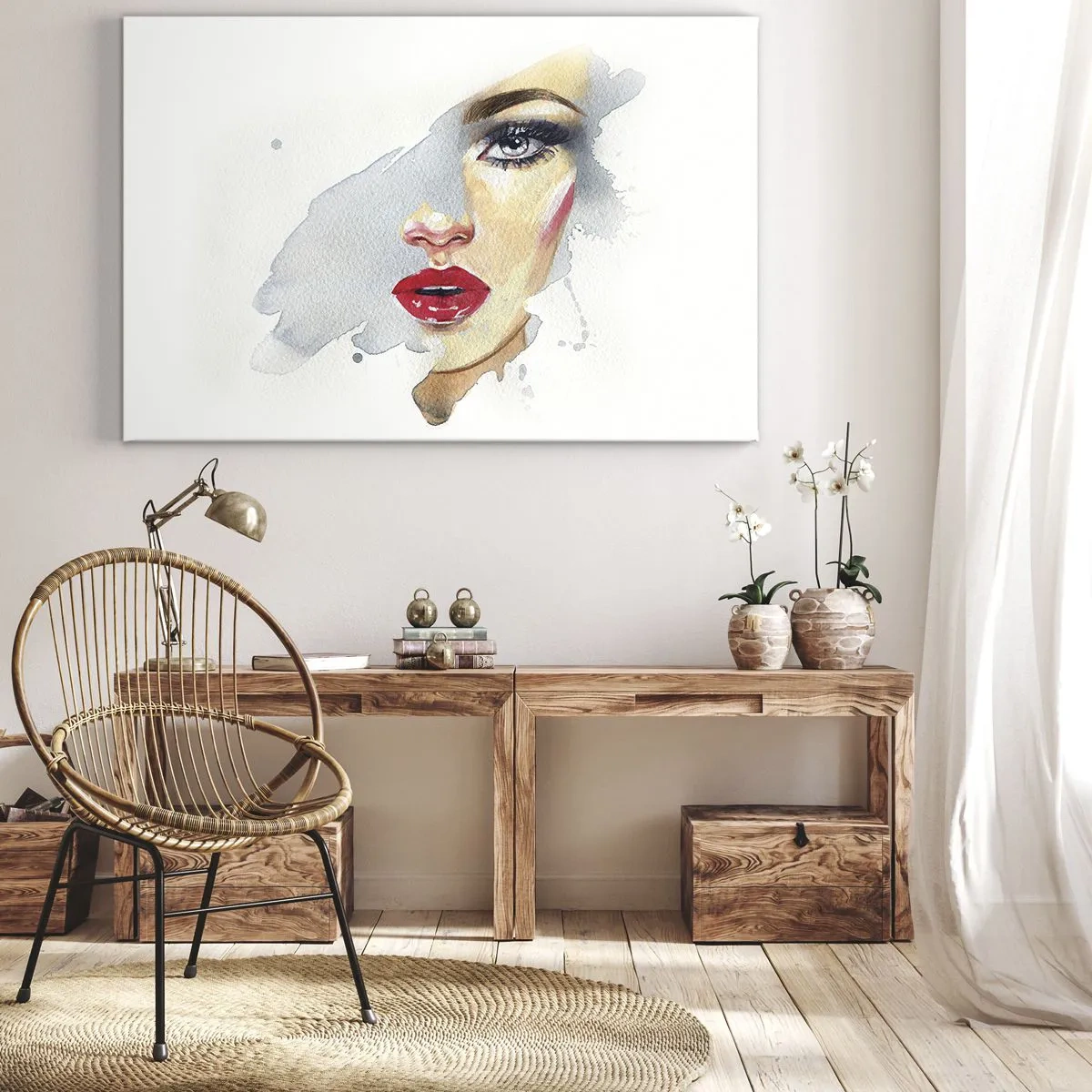 Cuadro sobre lienzo - Impresión de Imagen - Un retrato en acuarela de una mujer de mirada intensa. - 70x50cm - Reflejo en una gota de agua - Decoración de pared moderna para salón y dormitorio ARTTOR