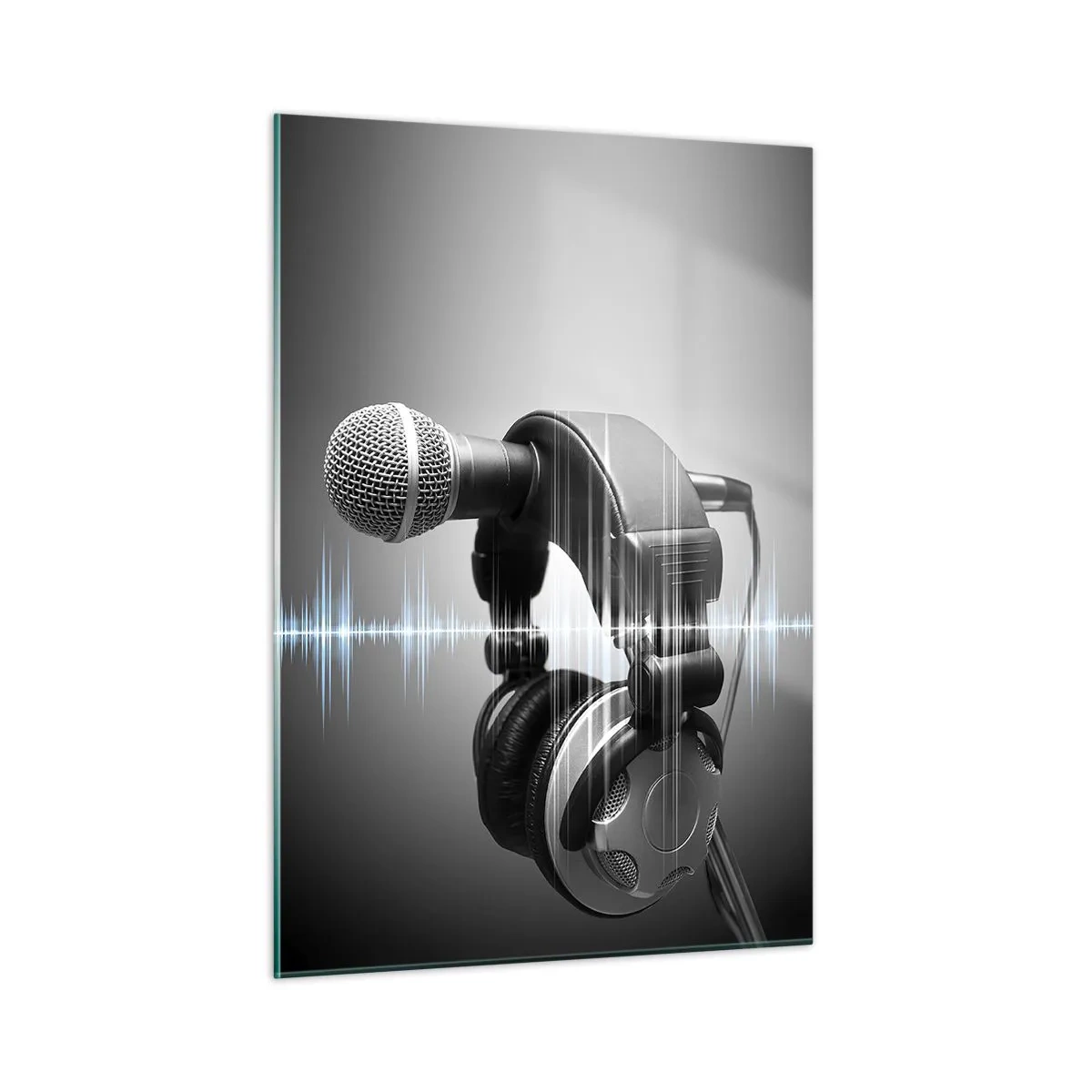 Cuadro sobre vidrio - Impresiones sobre Vidrio - Micrófono con auriculares sobre un fondo de ondas sonoras. - 50x70cm - Todavía se puede escuchar el canto - Decoración de pared moderna para salón y dormitorio ARTTOR