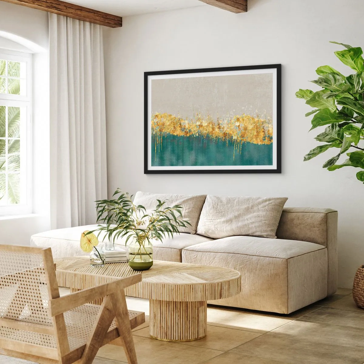 Póster en marco negro - Acentos dorados sobre un fondo verde-beige. - 70x50cm - La frontera dorada - Decoración de pared moderna para salón y dormitorio ARTTOR