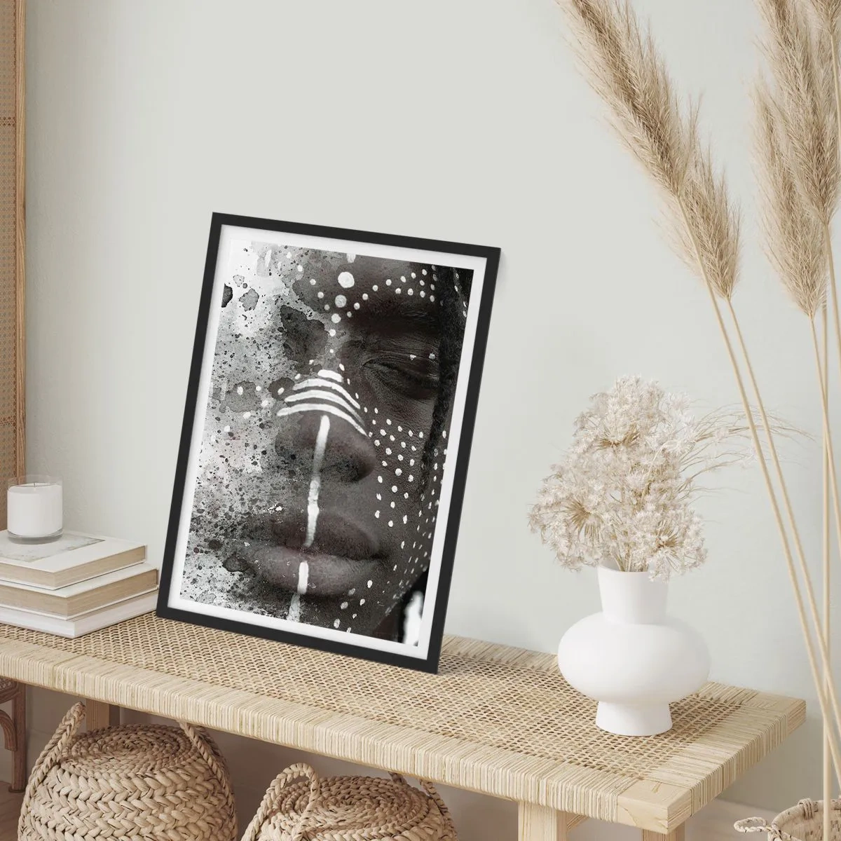 Póster en marco negro - Retrato abstracto con patrones en blanco y negro en la cara. - 50x70cm - Descubrimiento del espíritu original - Decoración de pared moderna para salón y dormitorio ARTTOR