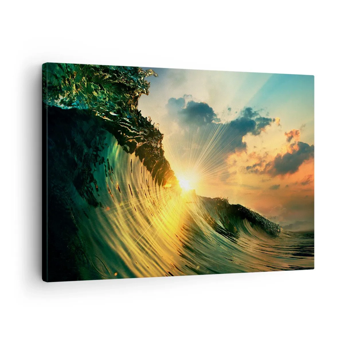 Cuadro sobre lienzo - Impresión de Imagen - Una ola con el sol poniente y nubes iluminadas. - 70x50cm - Surfer, ¿dónde estás? - Decoración de pared moderna para salón y dormitorio ARTTOR
