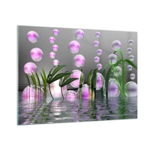 Cuadro sobre vidrio - Impresiones sobre Vidrio - Burbujas moradas flotando sobre el agua con plantas. - 100x70cm - Composición reflexiva de ligereza y vida - Decoración de pared moderna para salón y dormitorio ARTTOR