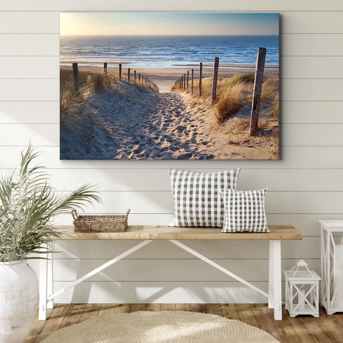 Cuadro sobre lienzo - Impresión de Imagen - Camino a través de las dunas que conduce a la playa. - 70x50cm - El sonido del mar, el canto de los pájaros, una playa virgen entre las dunas... - Decoración de pared moderna para salón y dormitorio ARTTOR