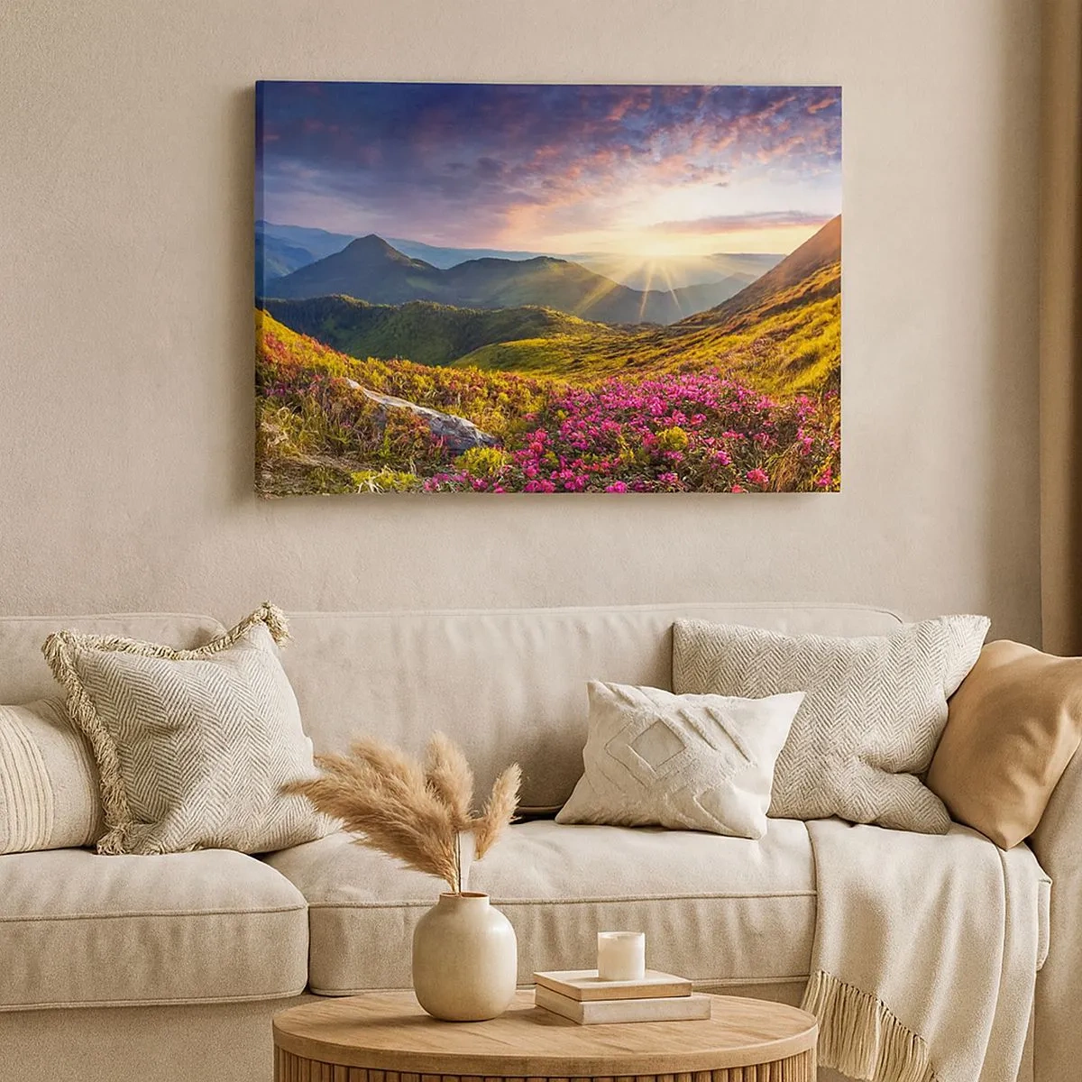 Cuadro sobre lienzo - Impresión de Imagen - Paisaje de montaña con rododendros en flor - 70x50cm - La frescura de una mañana de montaña - Decoración de pared moderna para salón y dormitorio ARTTOR