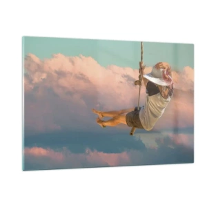 Cuadro sobre vidrio - Impresiones sobre Vidrio - Niña en un columpio entre nubes rosas - 120x80cm - Jugando en las nubes - Decoración de pared moderna para salón y dormitorio ARTTOR