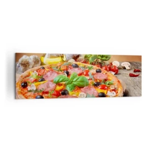Cuadro sobre lienzo - Impresión de Imagen - Deliciosa pizza en una mesa de madera con ingredientes. - 160x50cm - Con un verdadero sabor italiano - Decoración de pared moderna para salón y dormitorio ARTTOR