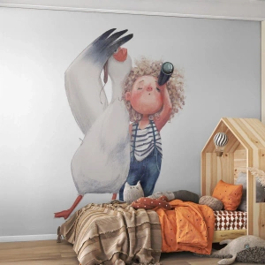 Fotomural Premium Sand - Adorable ilustración de un niño con un telescopio y un pelícano. - 100x70cm - Un plan para un gran viaje - Decoración de pared moderna para salón y dormitorio ARTTOR