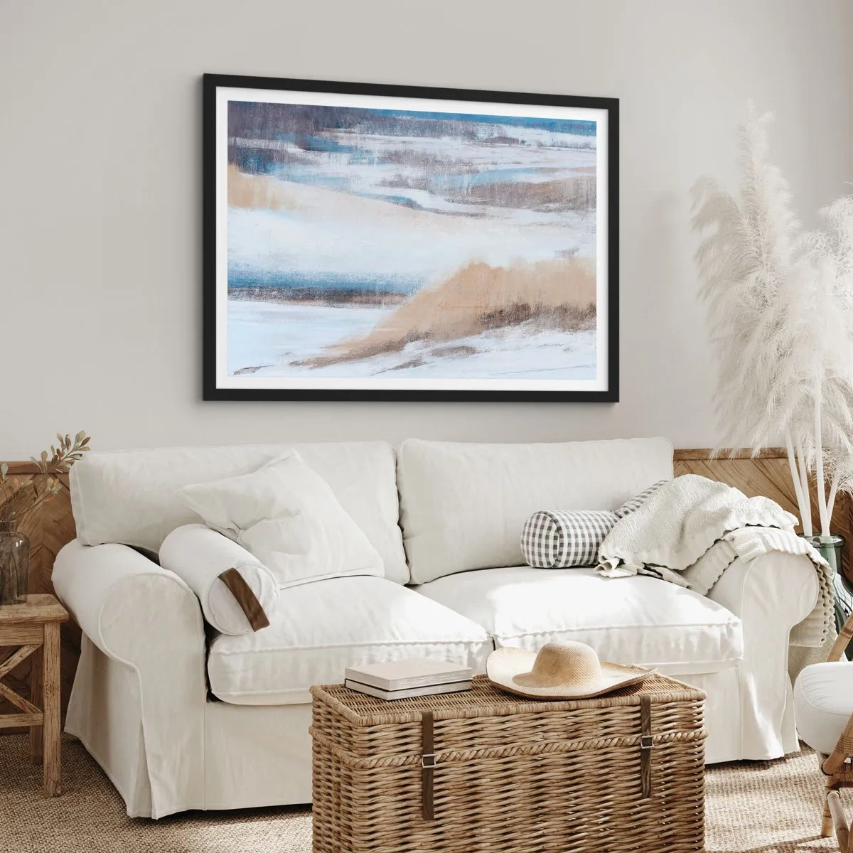 Póster en marco negro - Paisaje invernal abstracto en tonos blancos y azules. - 70x50cm - Composición invernal - Decoración de pared moderna para salón y dormitorio ARTTOR