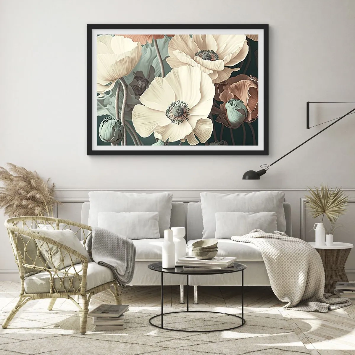 Póster en marco negro - Elegantes flores en tonos pastel sobre un fondo verde. - 70x50cm - Susurro de amapolas - Decoración de pared moderna para salón y dormitorio ARTTOR