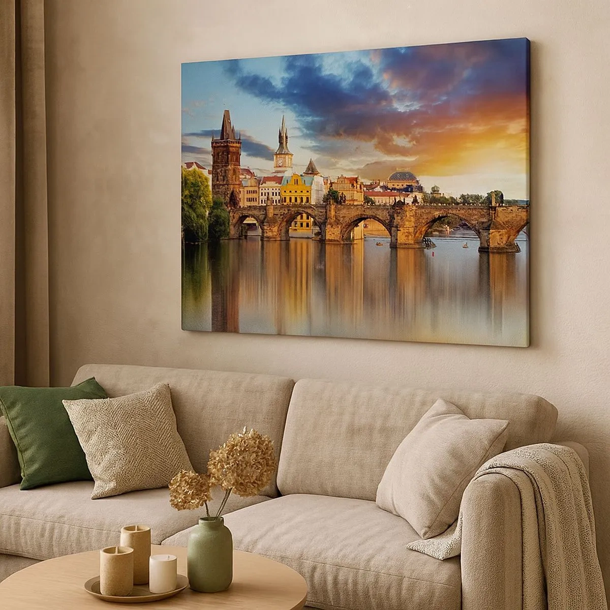 Cuadro sobre lienzo - Impresión de Imagen - El puente histórico sobre el río a la luz del sol poniente. - 70x50cm - La belleza no tiene edad - Decoración de pared moderna para salón y dormitorio ARTTOR