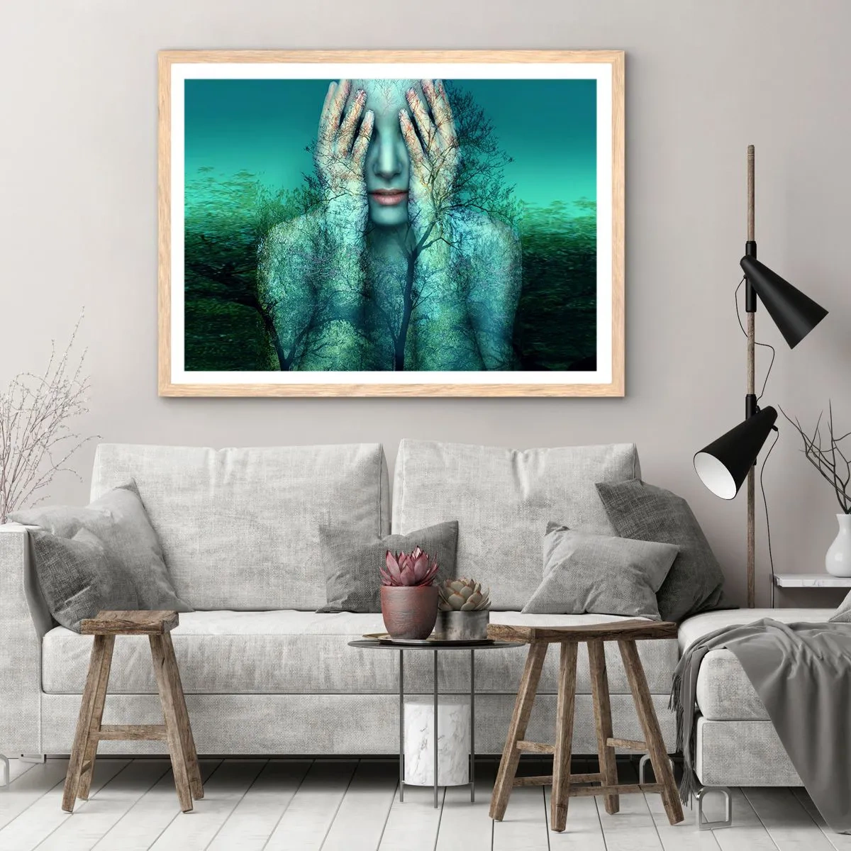 Póster en marco roble claro - Sumergida en azul - 70x50 cm
