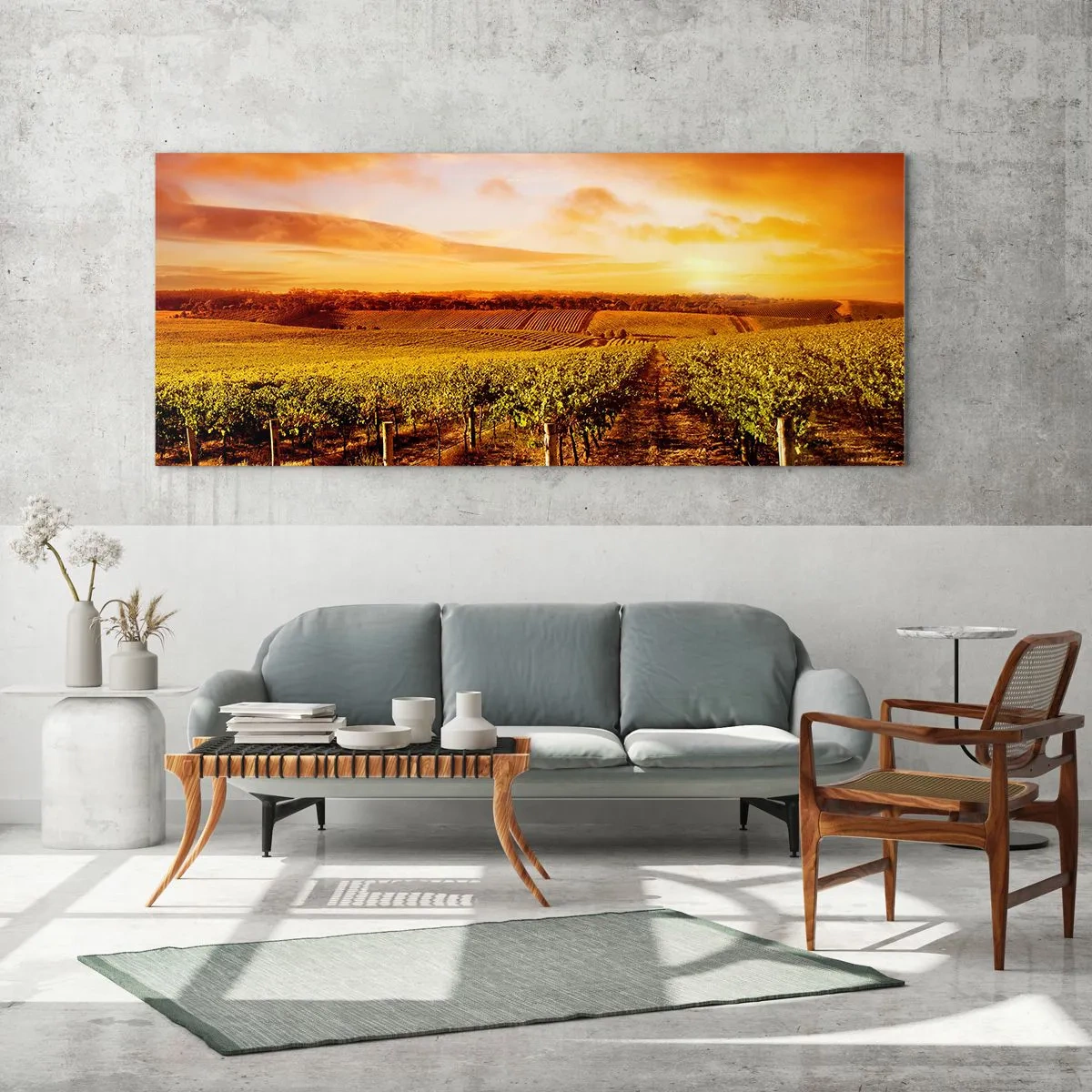 Cuadro sobre vidrio - Impresiones sobre Vidrio - Viñedo al atardecer con tonos cálidos del cielo. - 140x50cm - Delicadamente afrutado con un toque de sol - Decoración de pared moderna para salón y dormitorio ARTTOR