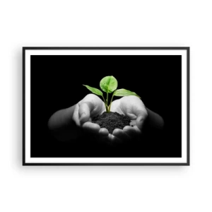 Póster en marco negro - Manos sosteniendo una planta verde sobre un fondo negro - 100x70cm - Amo la naturaleza, la protejo - Decoración de pared moderna para salón y dormitorio ARTTOR