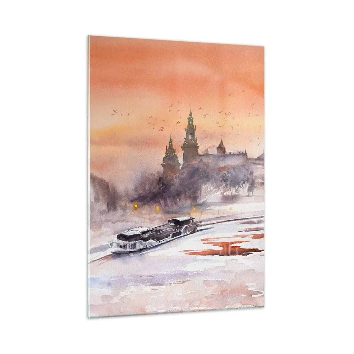 Cuadro sobre vidrio - Impresiones sobre Vidrio - Puesta de sol sobre el castillo real y el río en invierno - 50x70cm - Atardecer real - Decoración de pared moderna para salón y dormitorio ARTTOR