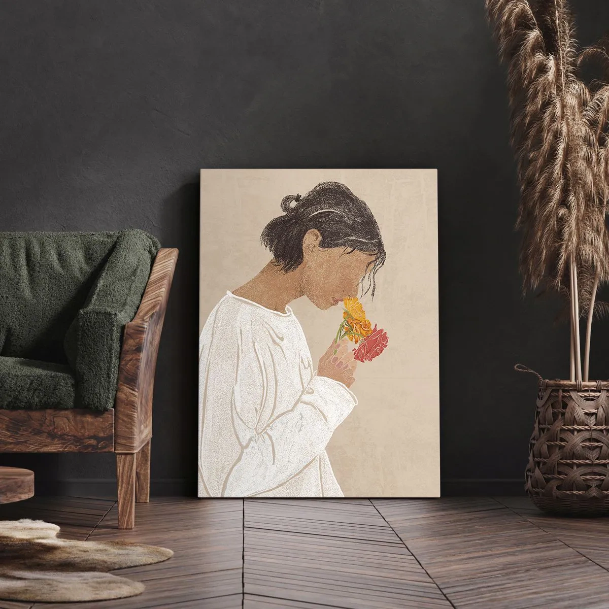 Cuadro sobre lienzo - Impresión de Imagen - Joven con flores - 65x120 cm