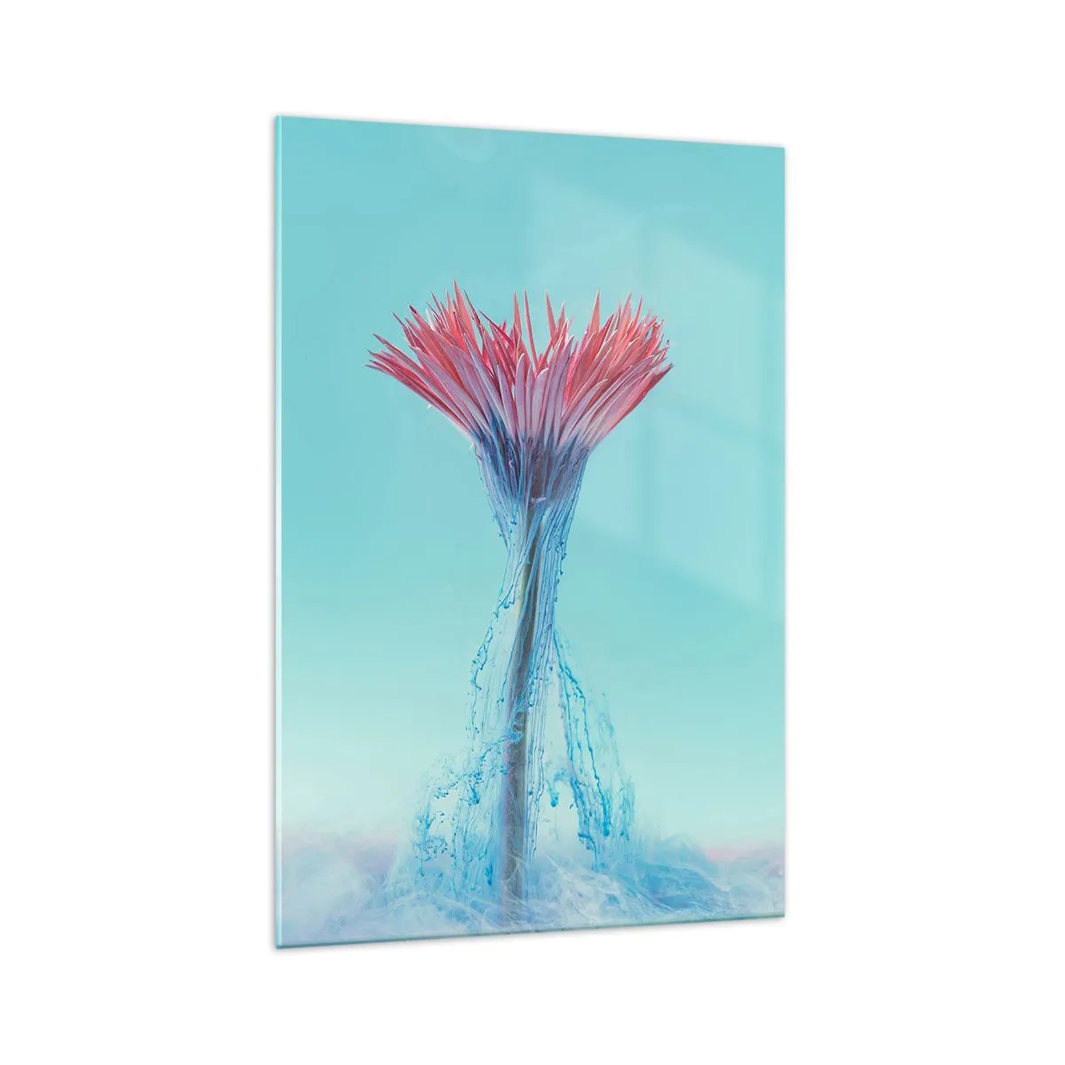 Cuadro sobre vidrio - Impresiones sobre Vidrio - Una flor rosa y azul en un arreglo artístico sobre un fondo pastel. - 70x100cm - En un abrazo vigorizante - Decoración de pared moderna para salón y dormitorio ARTTOR