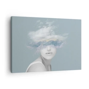 Cuadro sobre lienzo - Impresión de Imagen - Retrato de una mujer con el rostro oculto tras nubes y olas. - 70x50cm - Con la cabeza en las nubes - Decoración de pared moderna para salón y dormitorio ARTTOR