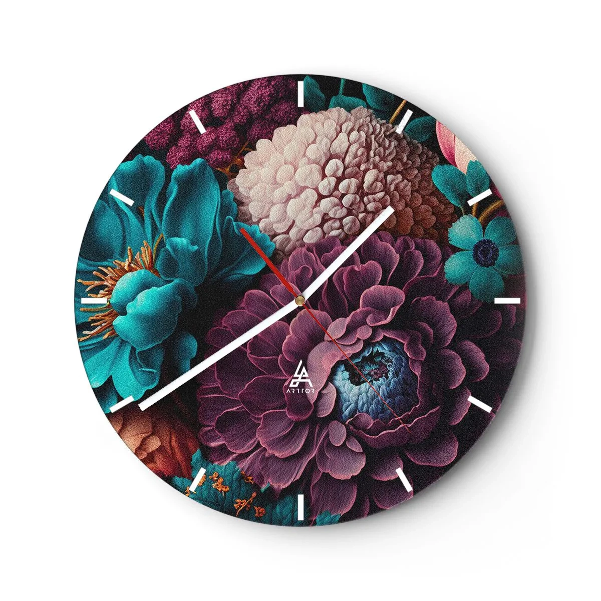 Reloj de pared - Reloj de vidrio - Un rico ramo de flores oscuras y turquesas con detalles. - 30x30cm - Naturaleza en abundancia - Decoración de pared moderna para salón, cocina y dormitorio ARTTOR