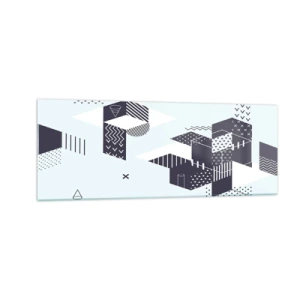Cuadro sobre vidrio - Impresiones sobre Vidrio - Gráficos geométricos modernos en tonos blanco y azul marino. - 140x50cm - Las matemáticas en el alma - Decoración de pared moderna para salón y dormitorio ARTTOR