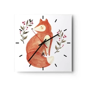 Reloj de pared - Reloj de vidrio - Un zorro de acuarela rodeado de ramitas con bayas. - 30x30cm - Pequeño pelirrojo - Decoración de pared moderna para salón y dormitorio ARTTOR