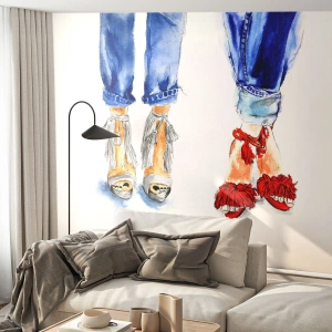 Fotomural Premium Sand - Ilustraciones en acuarela de piernas en jeans y zapatos de moda. - 100x70cm - ¿Por qué no vamos a dar un paseo? - Decoración de pared moderna para salón y dormitorio ARTTOR