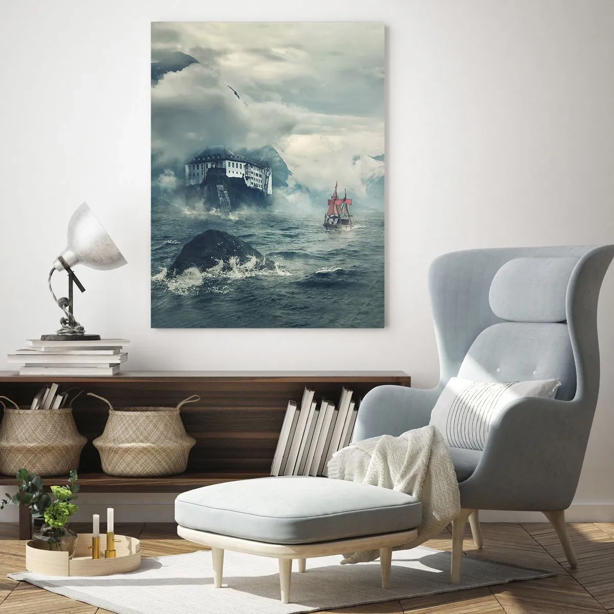 Cuadro sobre vidrio - Impresiones sobre Vidrio - Un paisaje misterioso con un castillo, montañas y un barco. - 70x100cm - En aguas mágicas - Decoración de pared moderna para salón y dormitorio ARTTOR