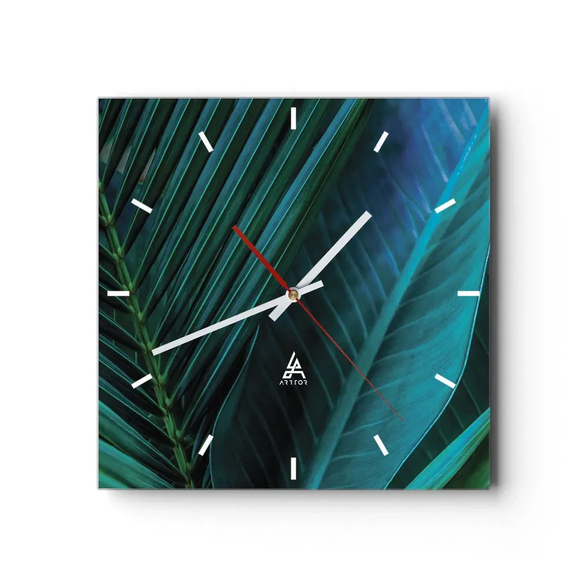 Reloj de pared - Reloj de vidrio - Primer plano de hojas verdes tropicales - 30x30cm - Anatomía del verde - Decoración de pared moderna para salón y dormitorio ARTTOR