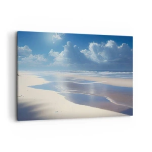 Cuadro sobre lienzo - Impresión de Imagen - Una playa de arena con olas bajo un cielo azul. - 100x70cm - Vacaciones en el paraíso - Decoración de pared moderna para salón y dormitorio ARTTOR