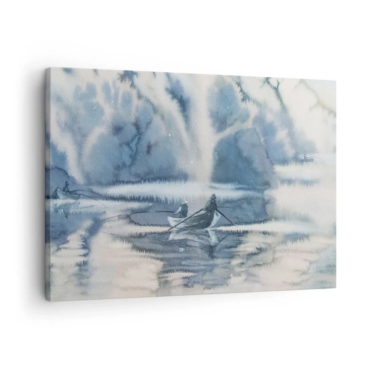 Cuadro sobre lienzo - Impresión de Imagen - Paisaje de acuarela con barcos en un lago rodeado de un bosque brumoso. - 70x50cm - Pescadores en su paraíso - Decoración de pared moderna para salón y dormitorio ARTTOR