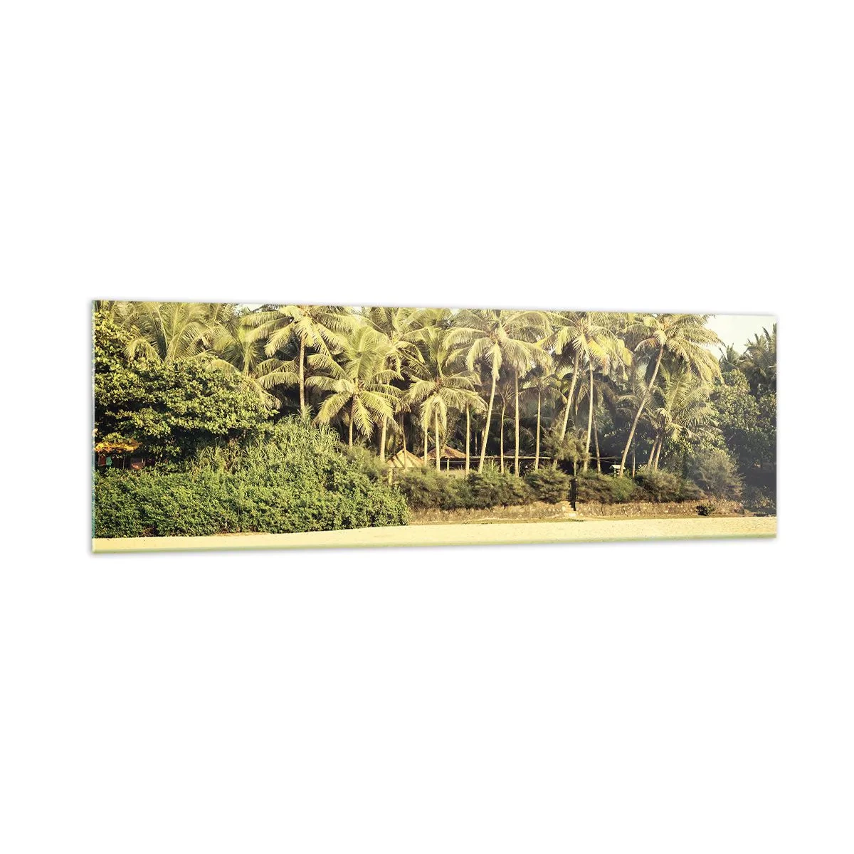 Cuadro sobre vidrio - Impresiones sobre Vidrio - Playa tropical con palmeras y mar turquesa. - 160x50cm - ¿Qué tal aquí? - Decoración de pared moderna para salón y dormitorio ARTTOR