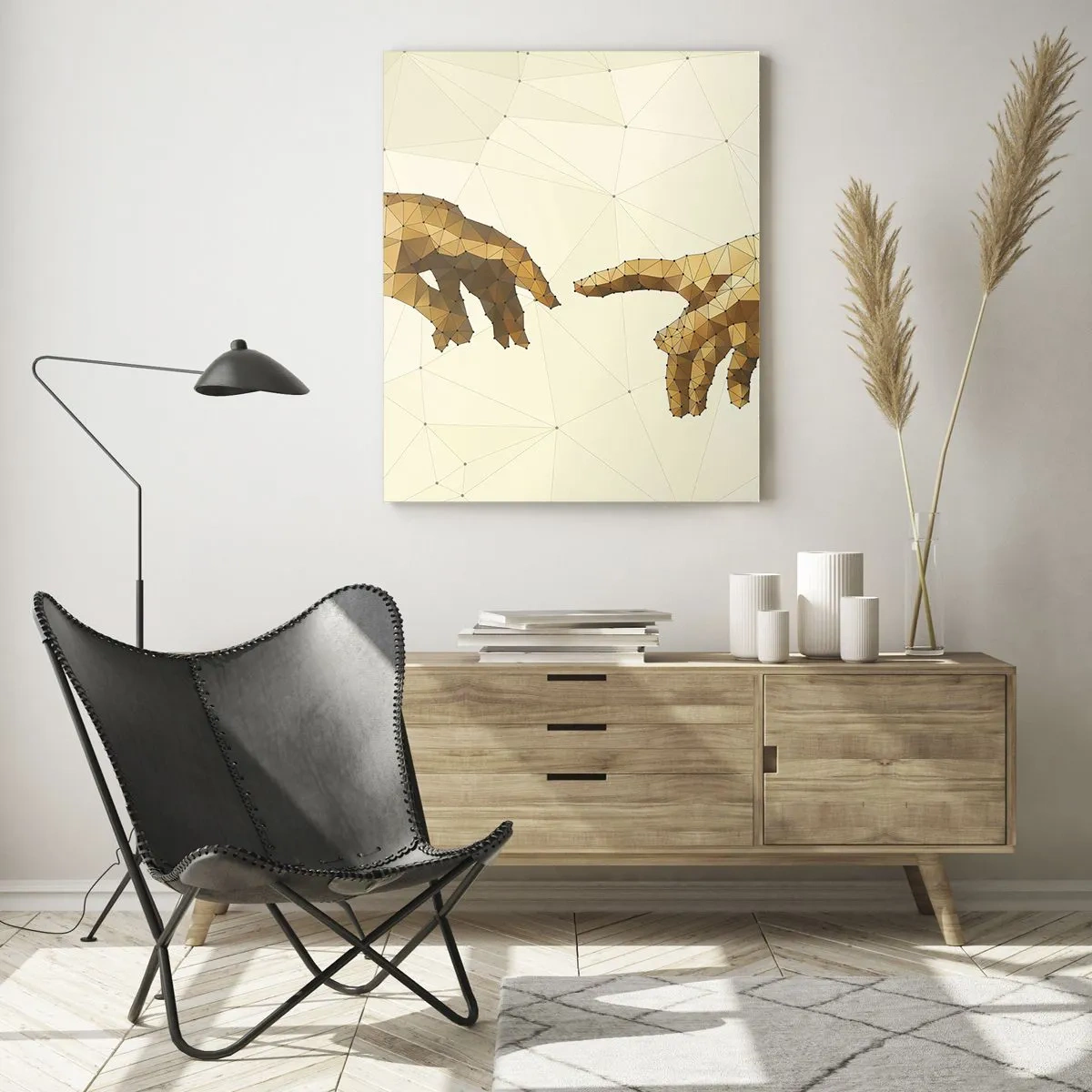 Cuadro sobre vidrio - Impresiones sobre Vidrio - Manos geométricas que se extienden una hacia la otra sobre un fondo claro. - 70x100cm - Geometría divina - Decoración de pared moderna para salón y dormitorio ARTTOR