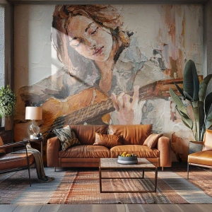 Fotomural Standard Eco - Una niña tocando la guitarra en un estilo impresionista pictórico. - 100x70cm - Concierto de guitarra y corazón joven - Decoración de pared moderna para salón y dormitorio ARTTOR