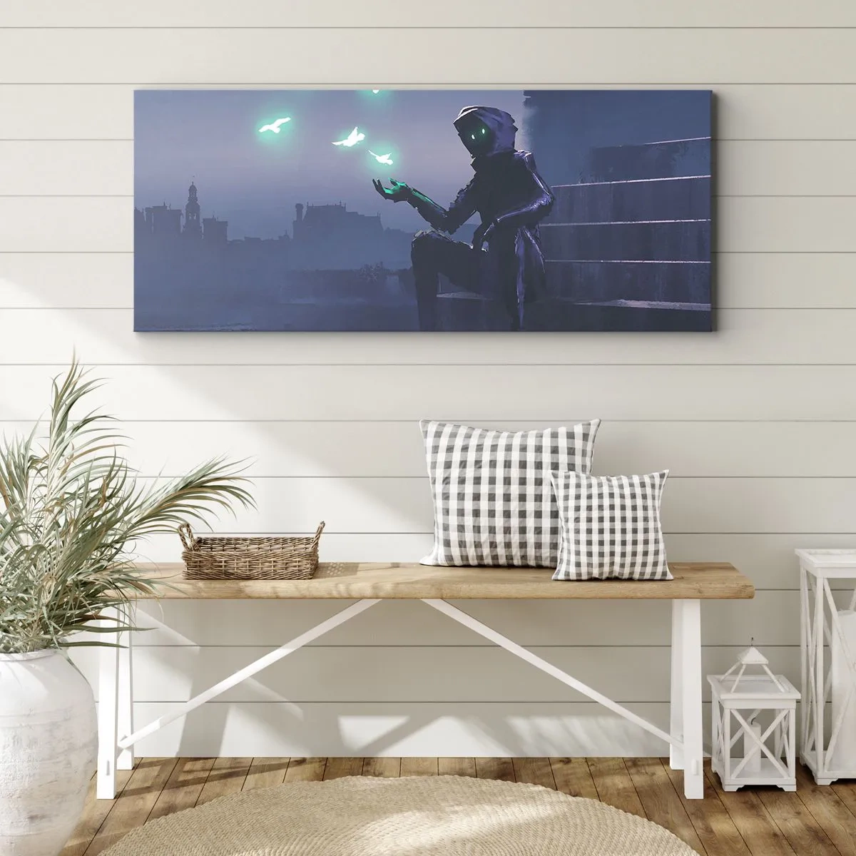 Cuadro sobre lienzo - Impresión de Imagen - Una figura encapuchada con pájaros mágicos en el fondo de una ciudad. - 120x50cm - La vida volverá - Decoración de pared moderna para salón y dormitorio ARTTOR