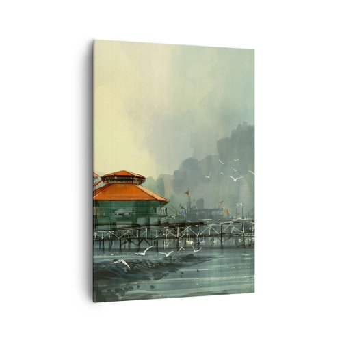 Cuadro sobre lienzo - Impresión de Imagen - Edificios portuarios en un paisaje lluvioso con gaviotas - 70x100cm - Un día soleado en el puerto - Decoración de pared moderna para salón y dormitorio ARTTOR
