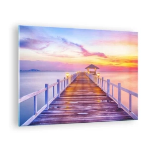 Cuadro sobre vidrio - Impresiones sobre Vidrio - Muelle de madera al atardecer en un mar en calma - 70x50cm - El silencio lila-dorado de la tarde - Decoración de pared moderna para salón y dormitorio ARTTOR