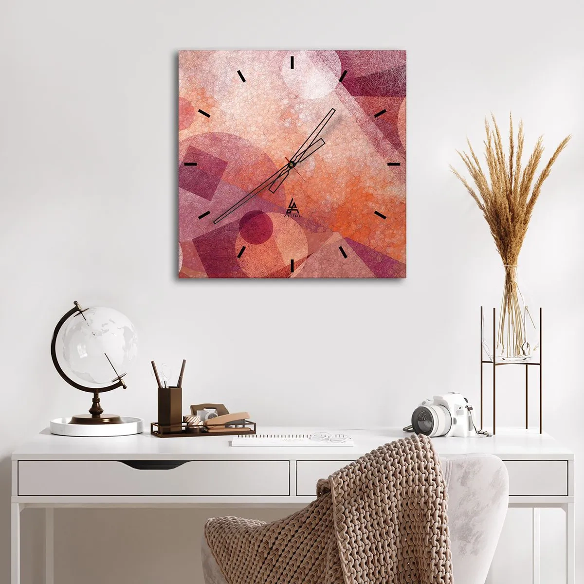Reloj de pared - Reloj de vidrio - Formas geométricas abstractas en tonos pastel de rosa. - 30x30cm - Transformaciones geométricas en rosa - Decoración de pared moderna para salón y dormitorio ARTTOR